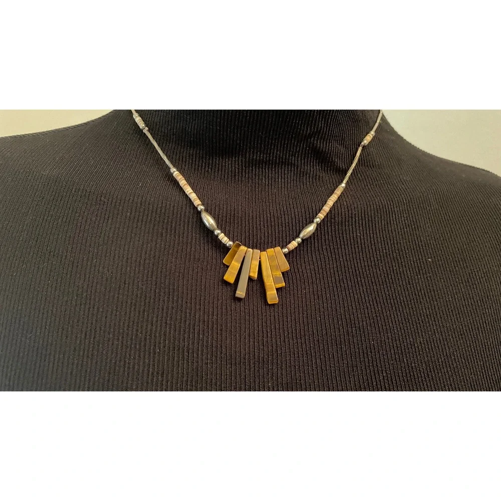 Vtg Faux Tigers Eye Liquid Silver Necklace Southwestern Shell Heishi‎ Bead Tab